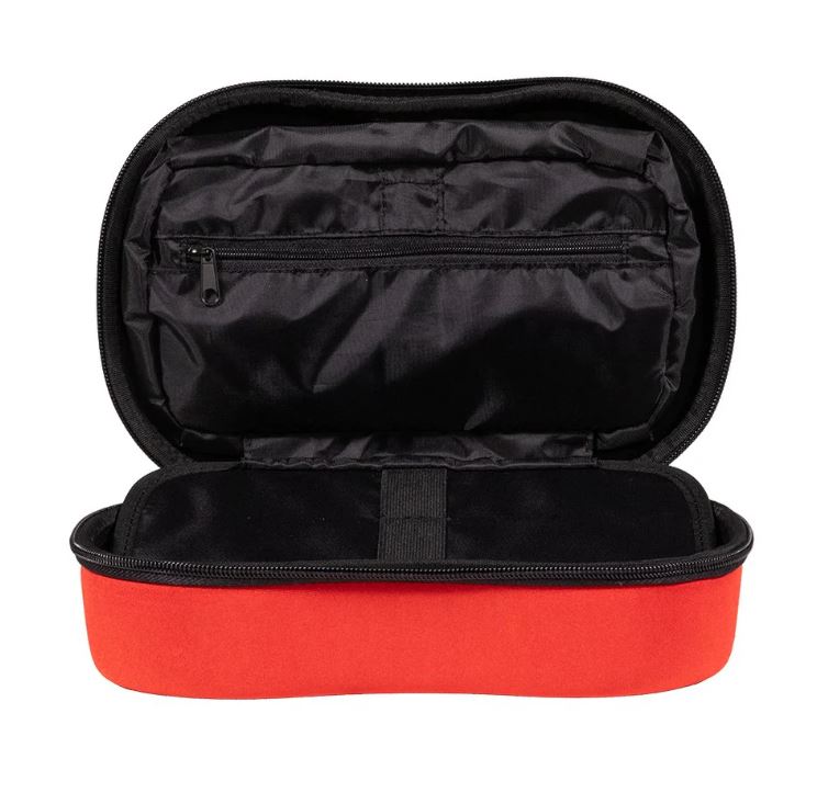 Black and red travel case with open lid on a white background