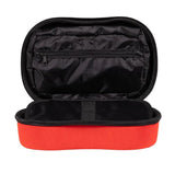 Black and red travel case with open lid on a white background