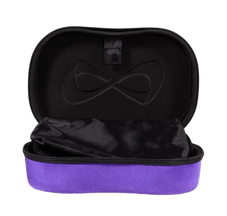 Nfiniy purple make-up  case with a bow-shaped nfinity logo inside 