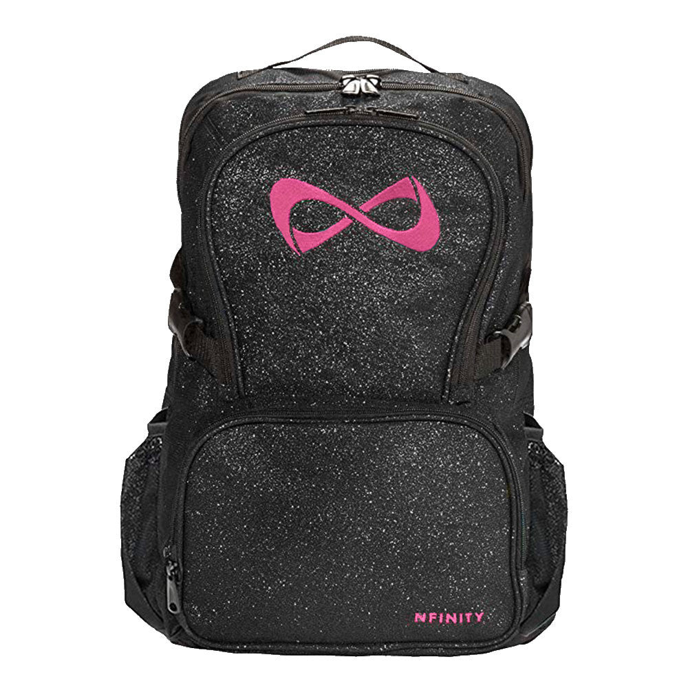 Nfinity Black sparkle backpack uk with a pink logo 