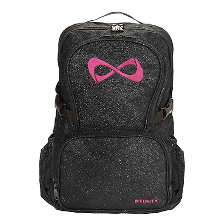 Nfinity Black sparkle backpack uk with a pink logo 